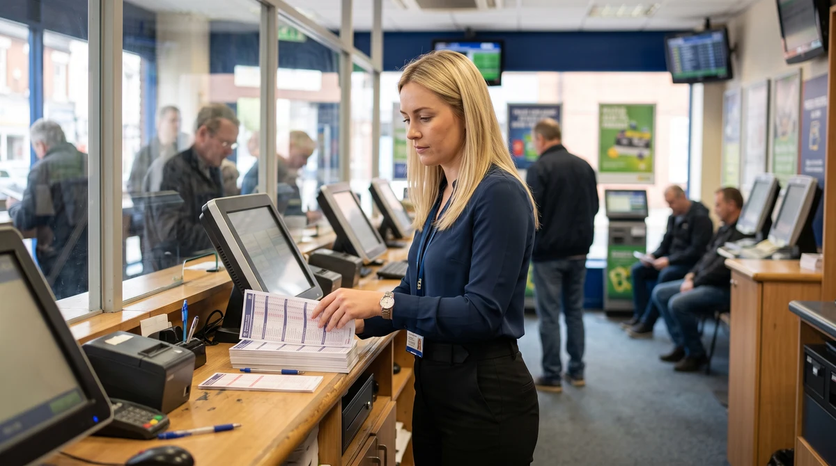An adult shop worker arranging forms beside betting terminals in a British high street betting shop.