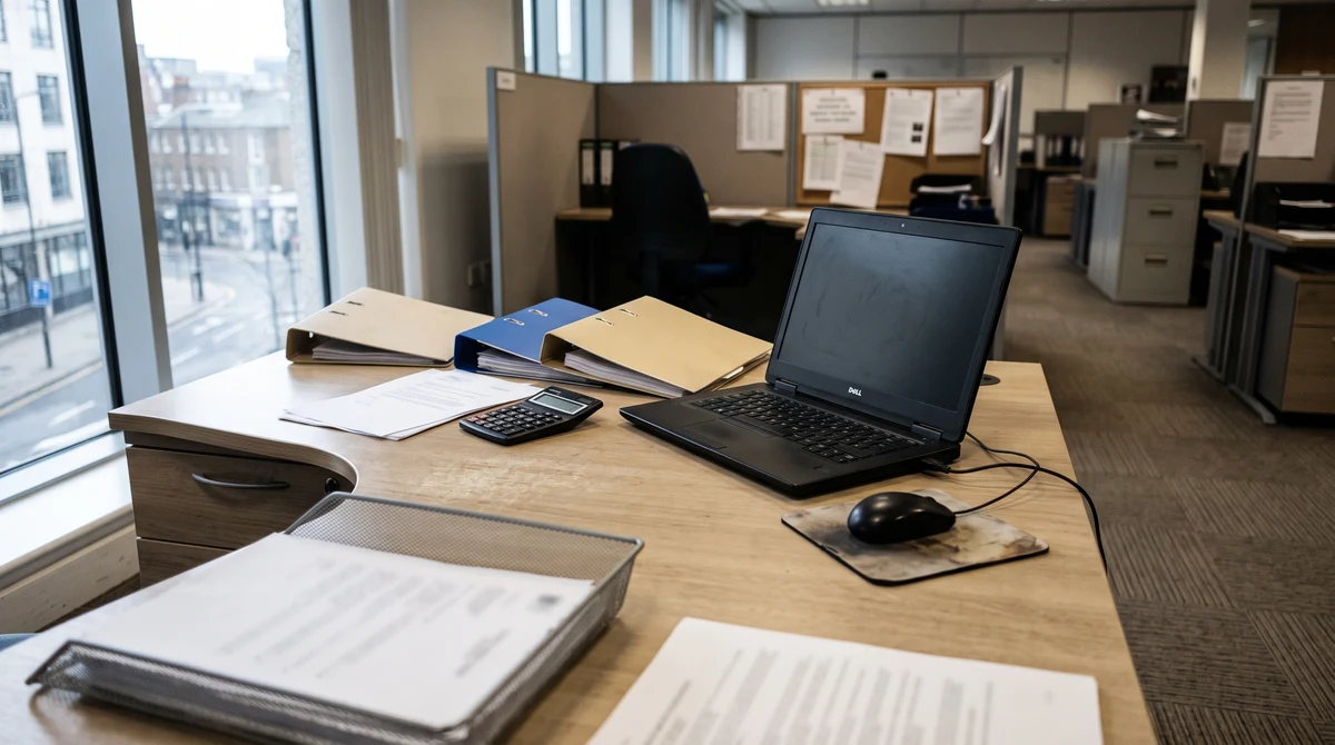 A laptop, calculator and compliance folders on a desk representing a UK gambling licence suspension review.