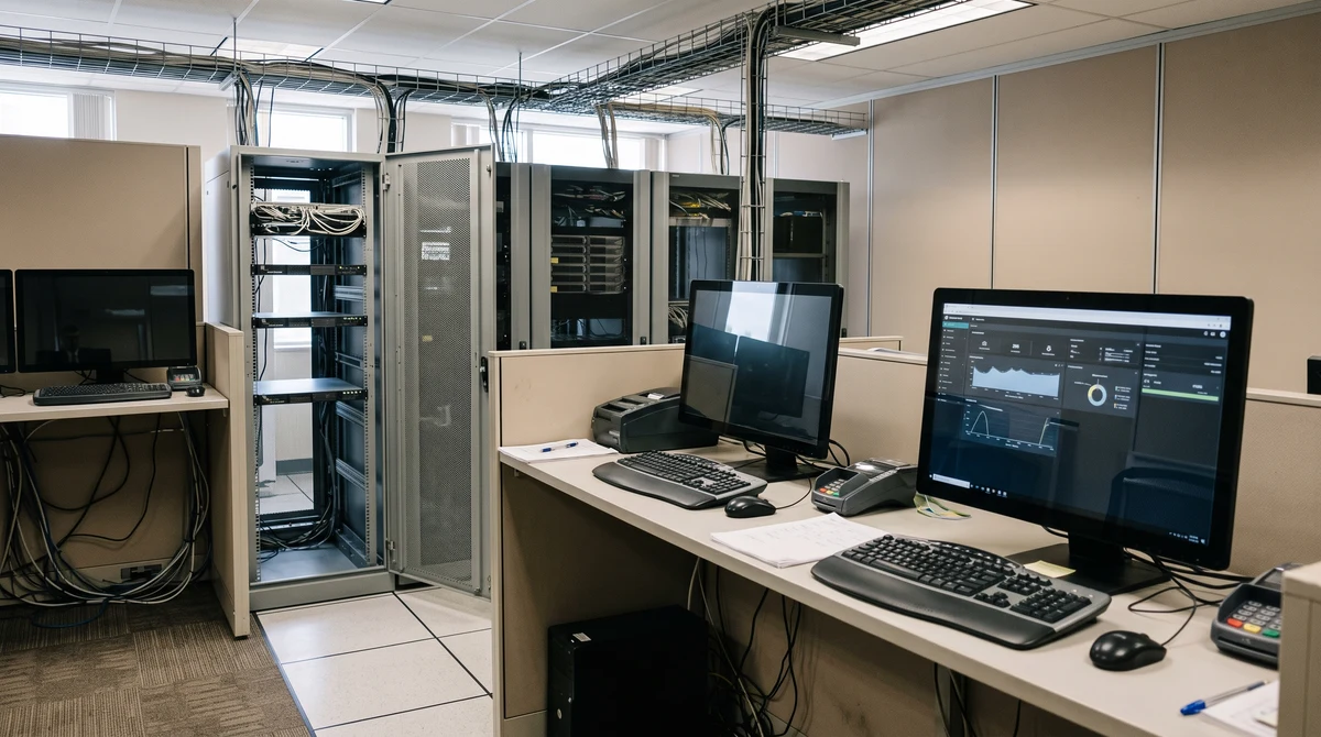 Server racks and monitoring screens in a gambling technology operations room