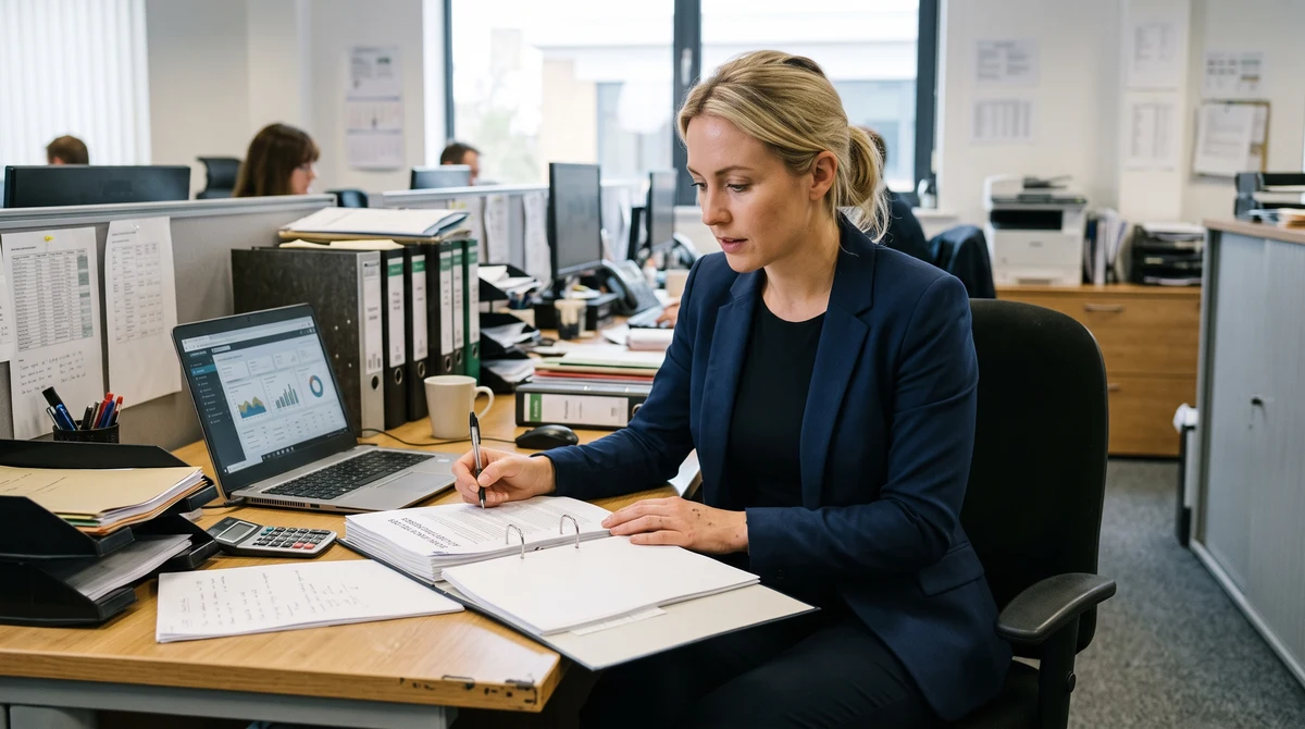 A blonde woman reviews regulatory compliance papers beside a laptop in a British office.