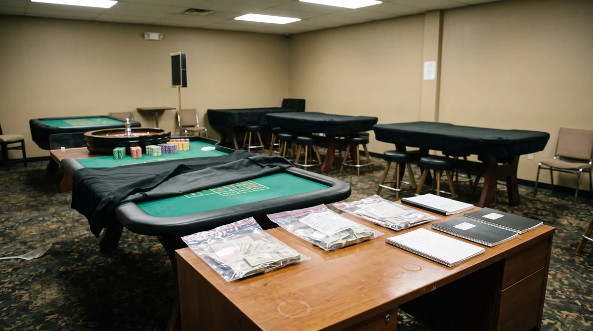 An empty commercial room with covered gaming tables, records and sealed evidence bags after an enforcement inspection