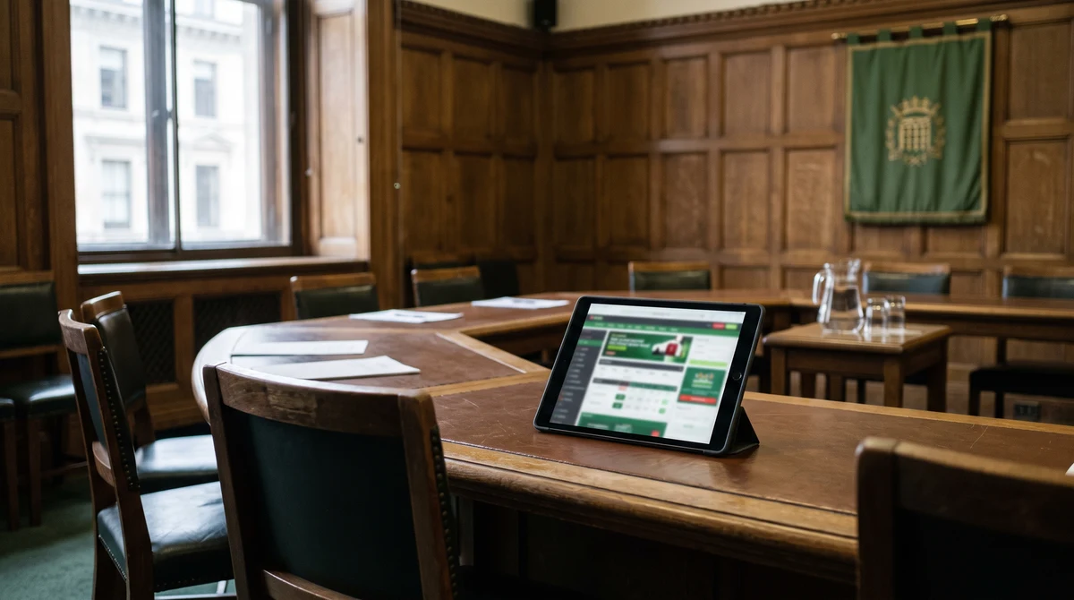 An empty parliamentary committee room beside a tablet showing a blurred gambling advert.
