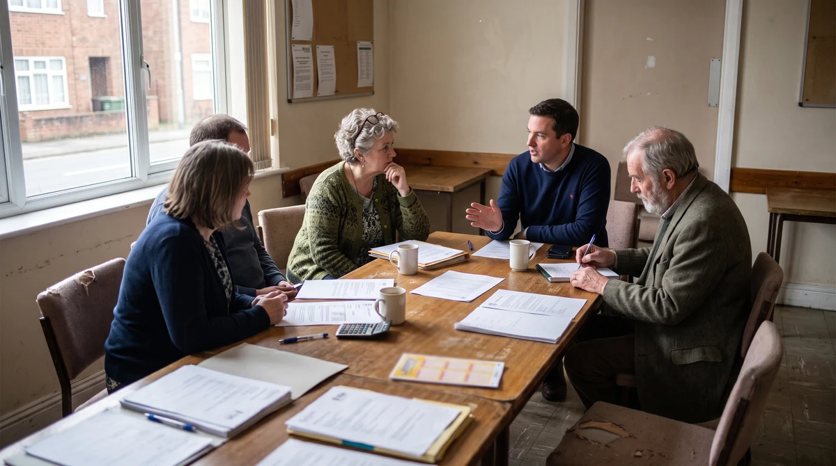 Community representatives review funding paperwork at a local meeting table in a UK community centre.