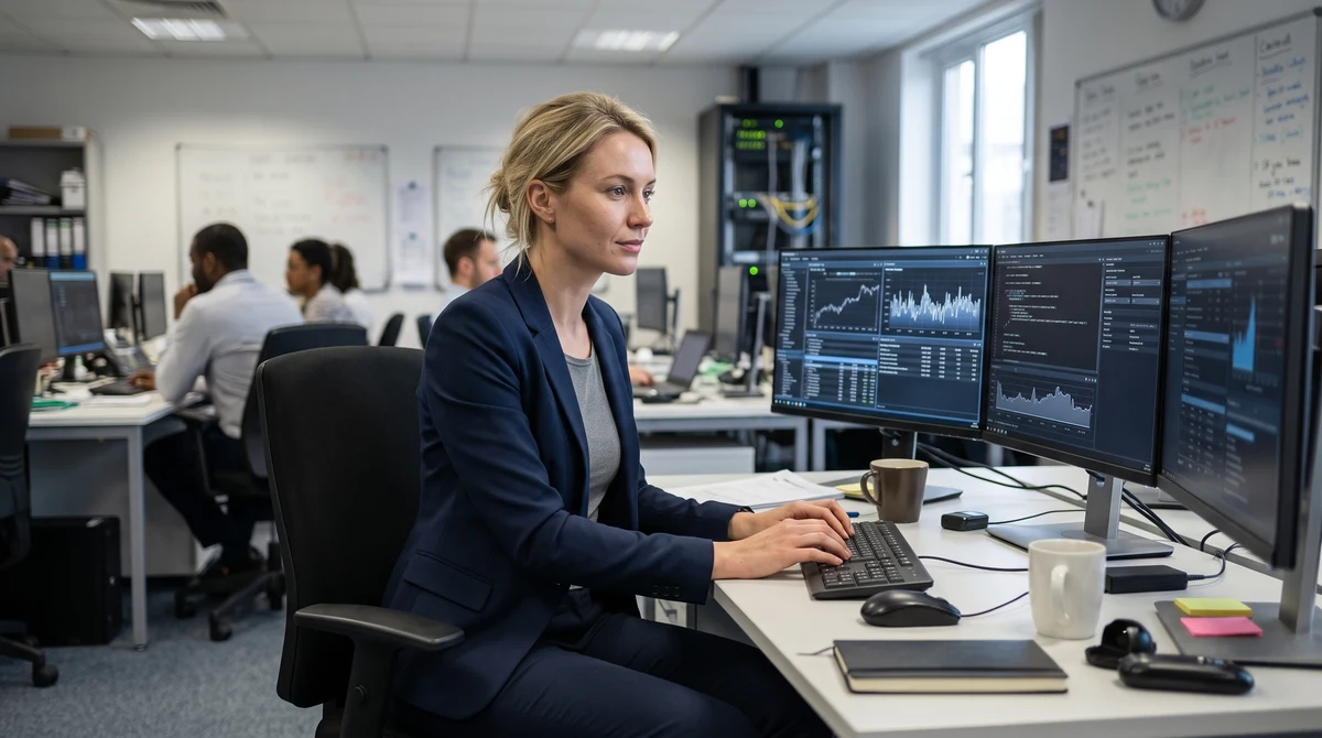 A blonde woman reviews abstract betting data in a sportsbook operations room with server equipment.