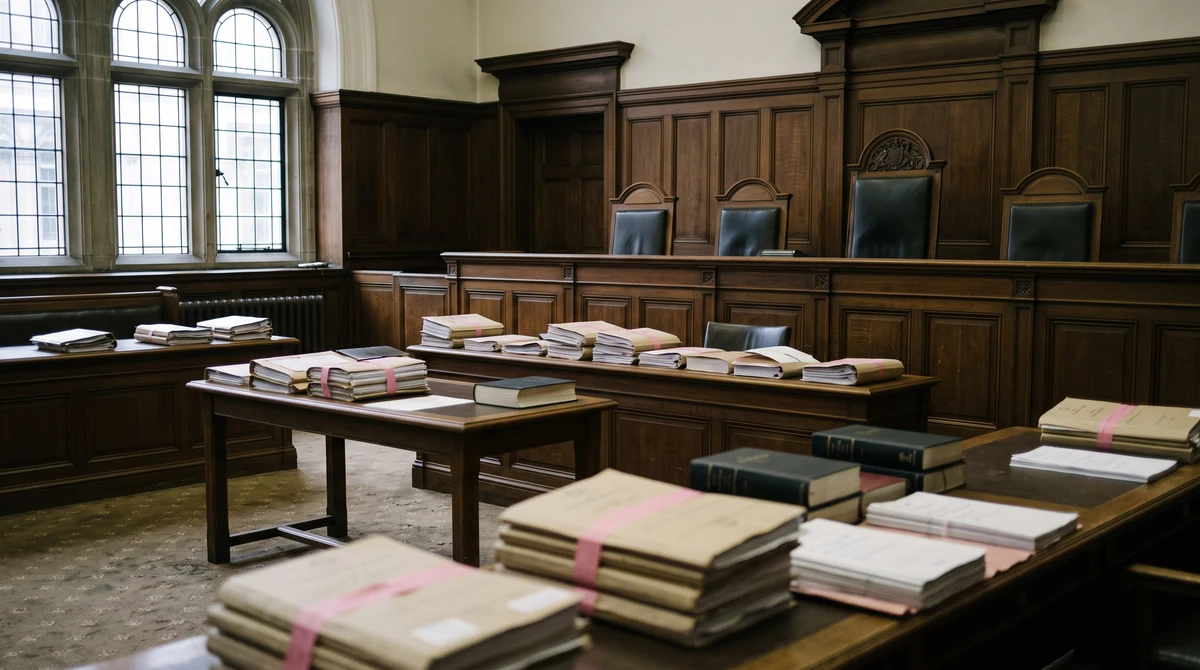 An empty English appellate courtroom prepared for an intellectual-property hearing involving gambling branding.