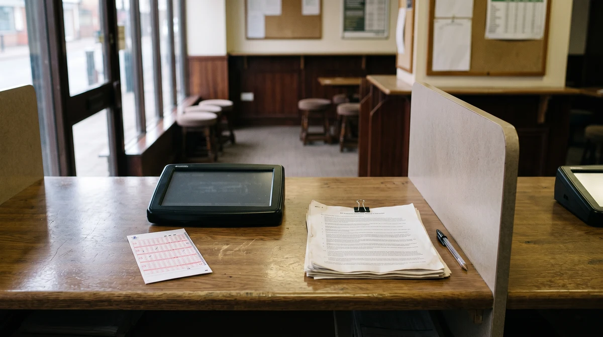 An unbranded lottery ticket and betting terminal on a British betting shop counter beside regulatory papers.