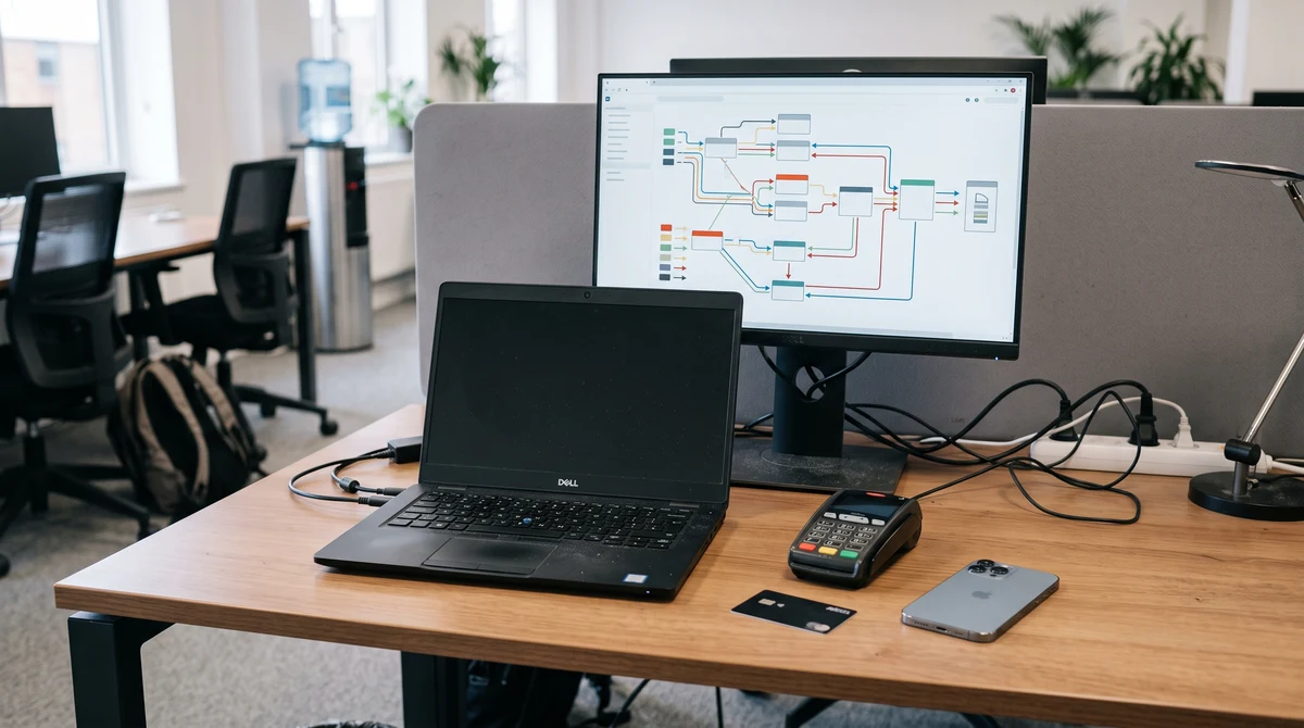 A payment operations workstation with a smartphone, card terminal and abstract transaction routing screens.