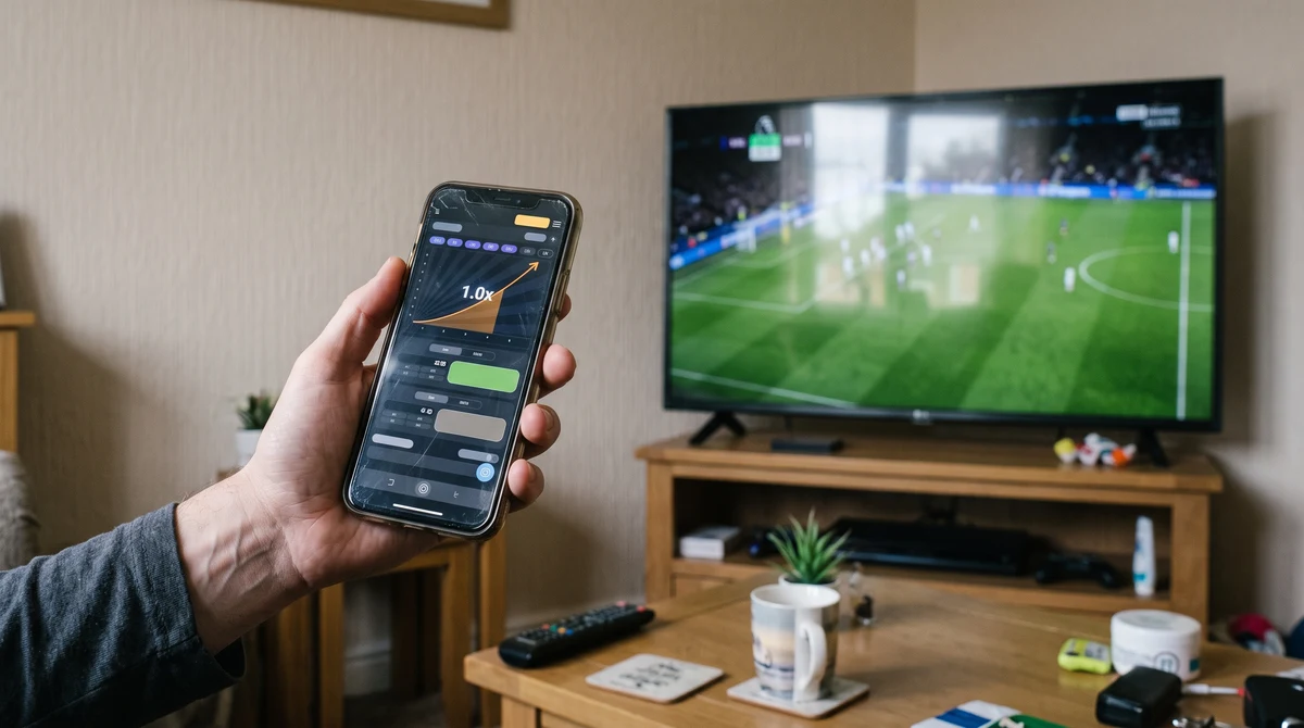 A smartphone displaying an abstract betting interface beside an indistinct live football match on television.