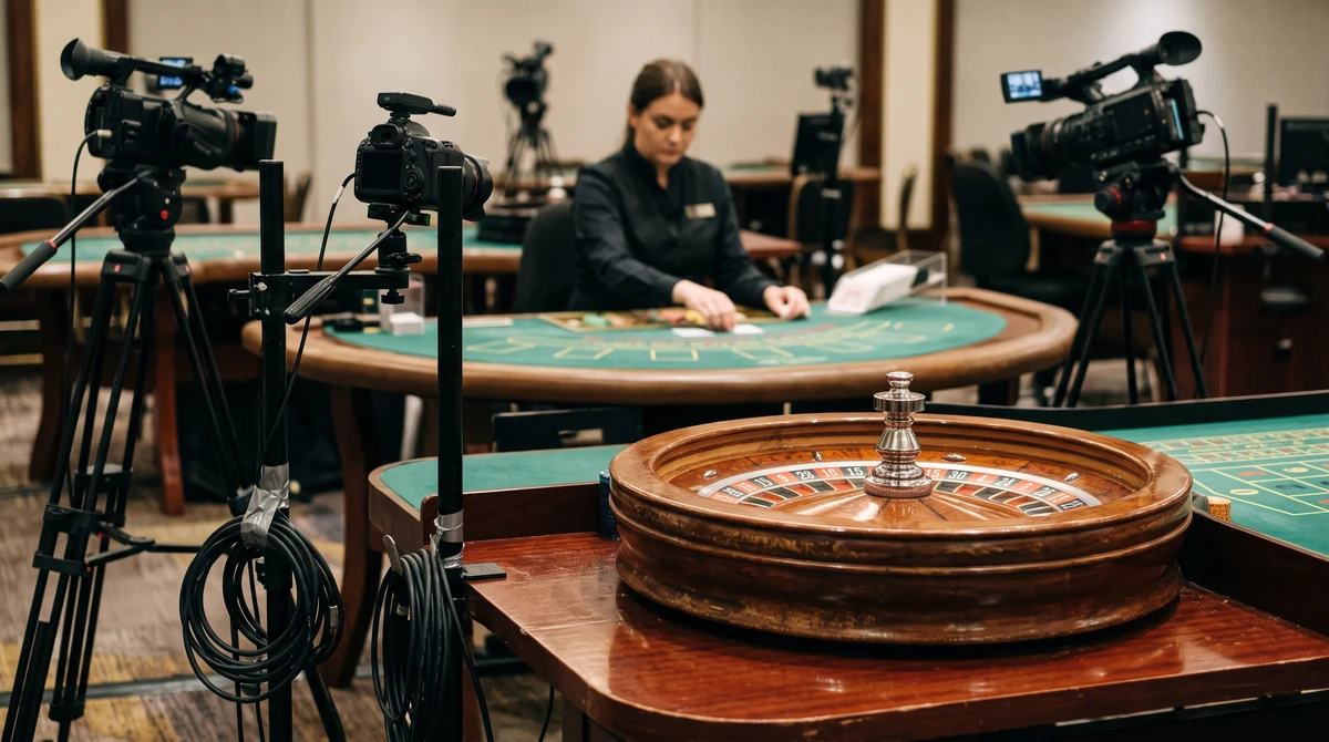 A live-dealer casino table and broadcast camera inside a London casino.