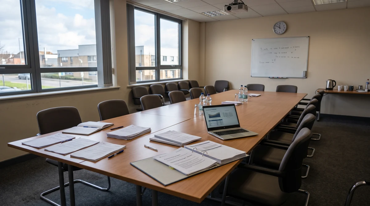 An empty meeting room with documents prepared for discussions about illegal gambling payments and advertising.
