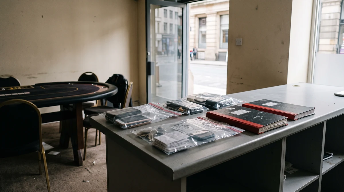 Gambling tables, records and mobile phones arranged as evidence inside a Manchester city-centre premises after an enforcement operation.