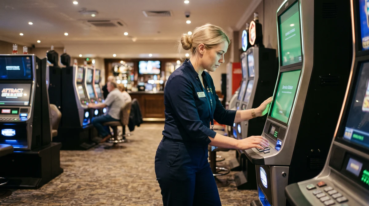 A casino employee checks a gaming machine on a British casino floor.