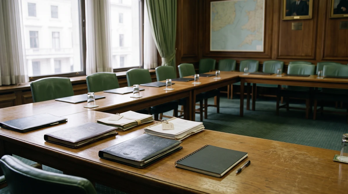An empty parliamentary committee room with regulatory papers on a desk