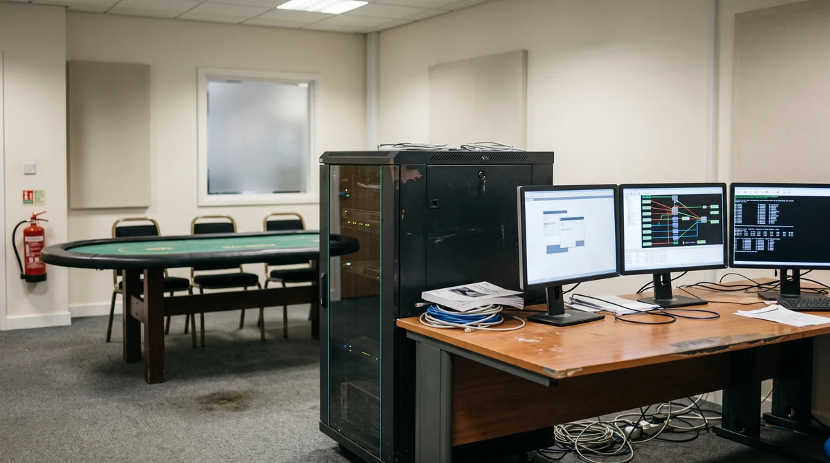 A secure office setup representing online poker network technology and regulated gaming operations in Britain.
