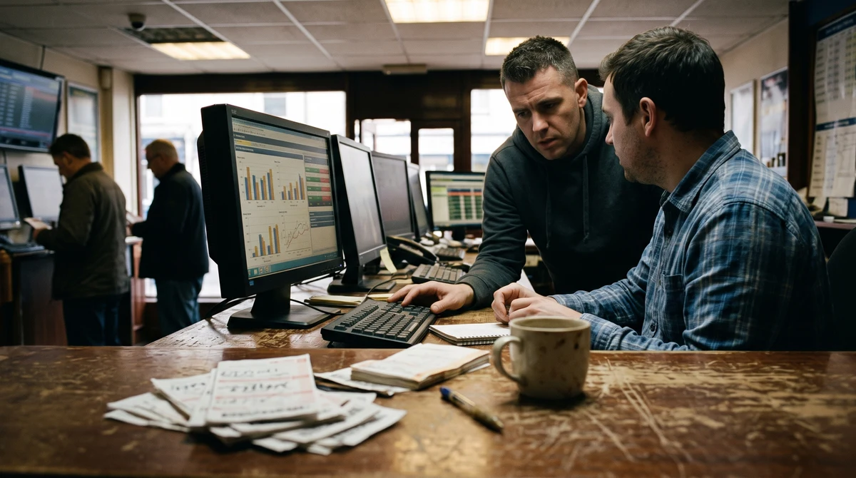 Sportsbook analysts review suspended football betting markets in a British trading room.
