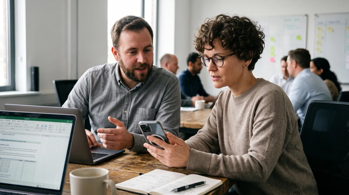 Gambling technology professionals review a mobile CRM dashboard during a compliance meeting.