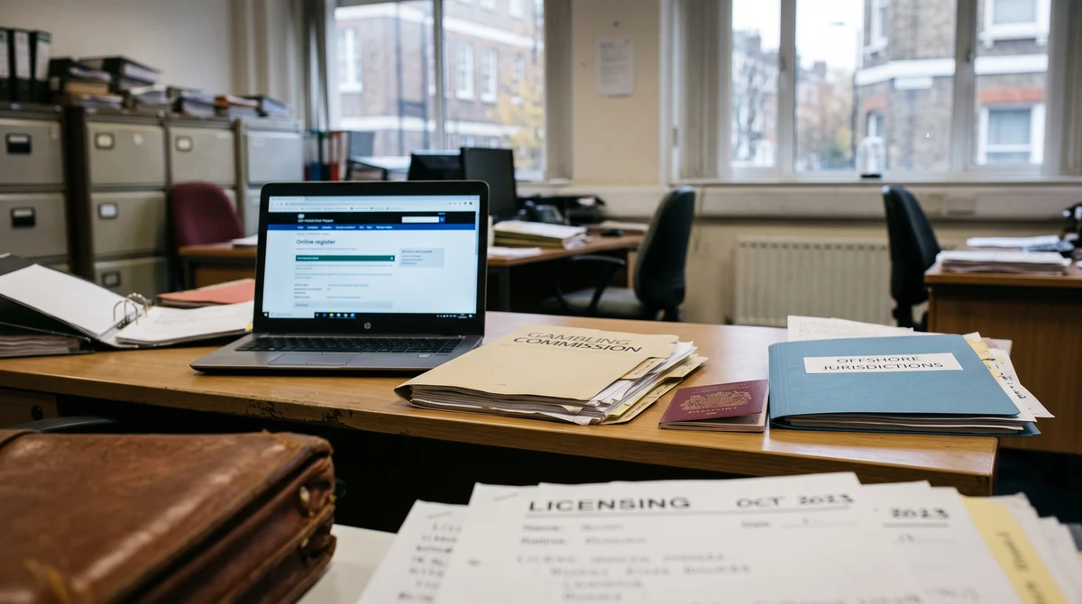 Blurred regulatory files and a laptop beside compliance documents, illustrating questions about offshore casino licences and British gambling checks.