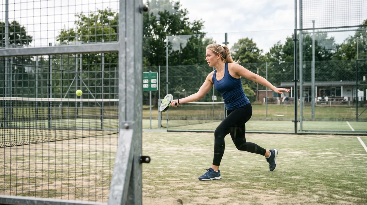 A fictional blonde adult padel player in fitted sportswear during a professional-style match on a glass court.