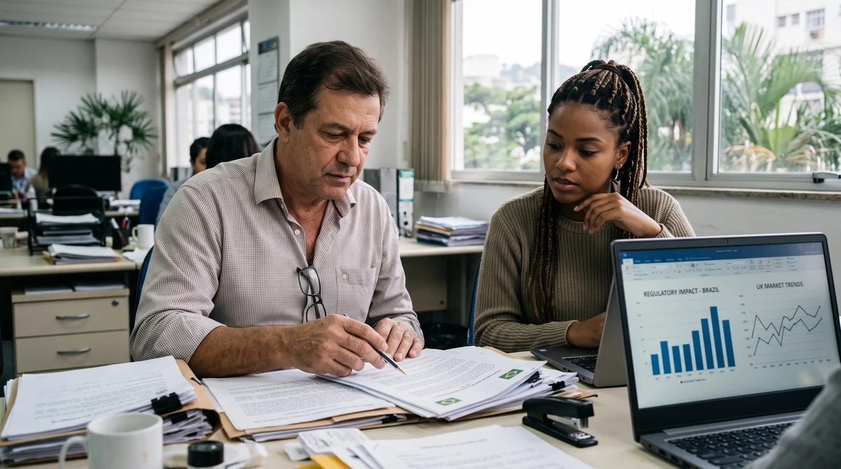 Business analysts review documents about the financial and regulatory impact of Brazil’s betting ban.