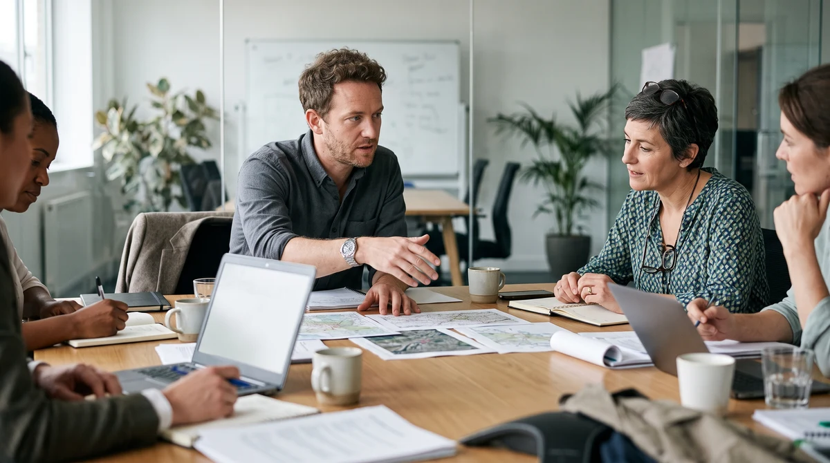 A fictional UK business team reviews acquisition documents in a modern office.