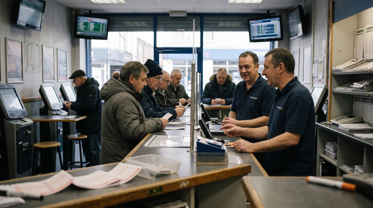 Betting shop staff serving customers inside a British high-street venue.