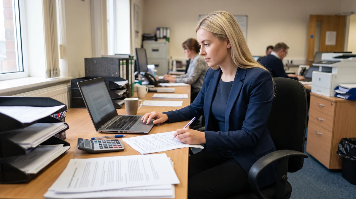 A fictional compliance analyst reviews anonymised financial vulnerability records in a British office.
