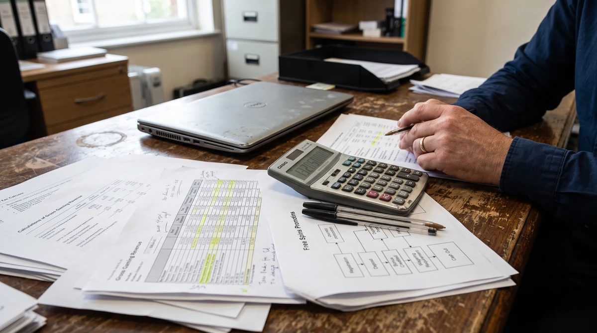 UK online casino tax papers, a calculator and promotional game records on an office desk