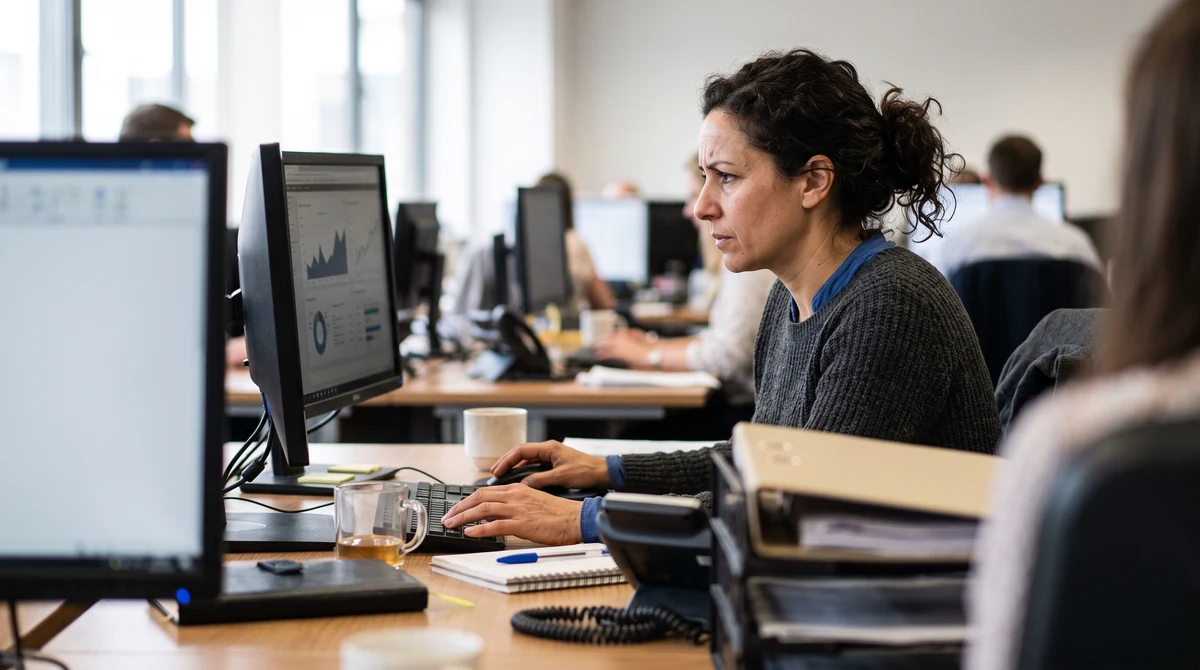 A compliance analyst reviews an abstract self-exclusion monitoring dashboard in a UK gambling office.