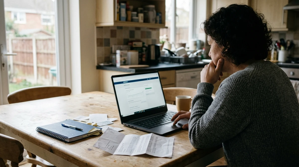 An anonymous customer checks an online withdrawal status on a laptop at home.