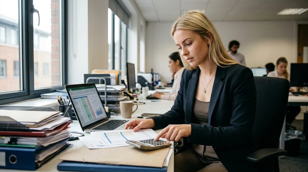 A compliance professional reviews gambling fee documents at a modern office desk.