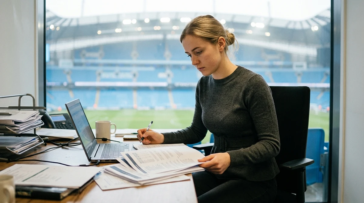 A blonde adult woman reviews football finance documents at a professional desk with stadium floodlights in the background.