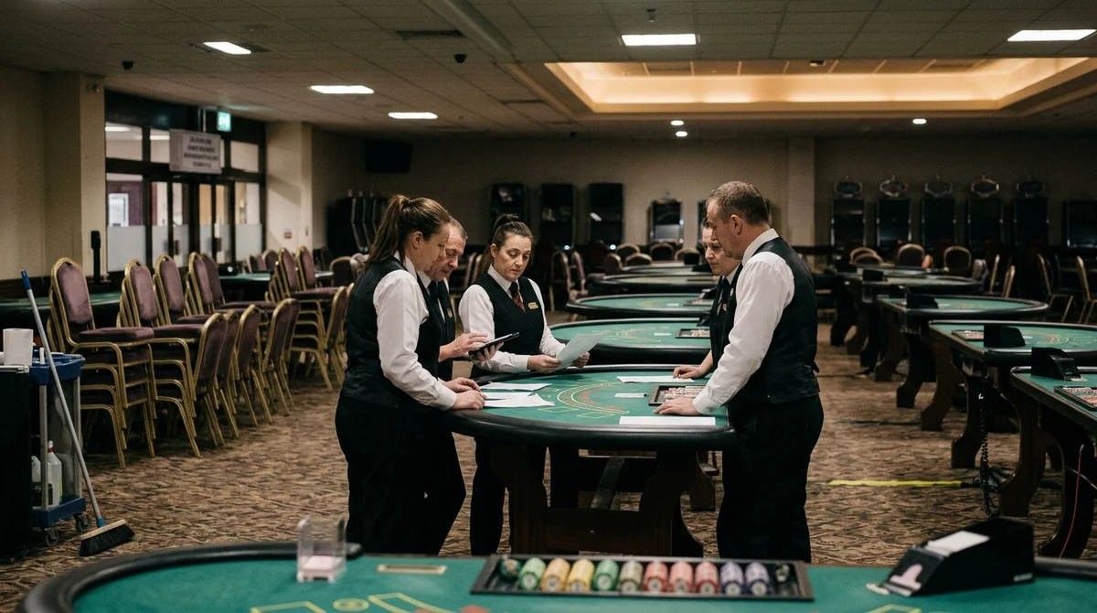 Casino staff review paperwork beside an empty gaming floor in a scene about rising costs facing Britain’s regulated venues.