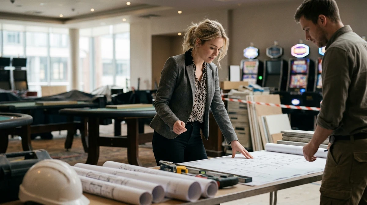 A woman reviews refurbishment plans beside covered gaming machines in a modern casino venue.