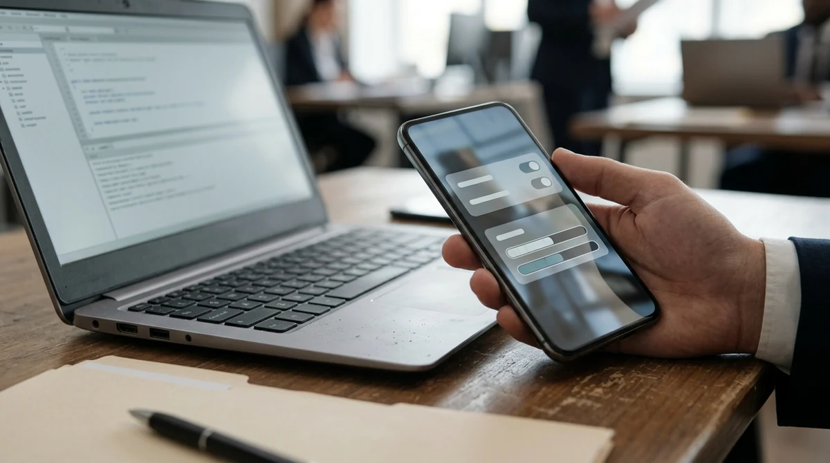 Laptop and smartphone showing abstract privacy settings on an office desk.