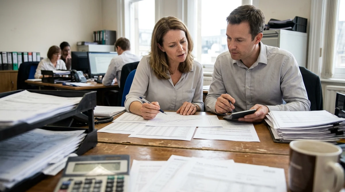 Financial analysts review UK gambling tax charts and betting receipts at an office desk.