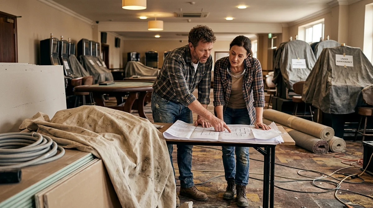 Workers review refurbishment plans inside a British casino, with gaming machines visible behind them.