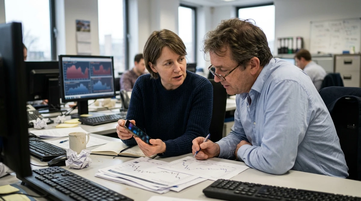 Analysts examine abstract prediction-market charts in a financial newsroom.