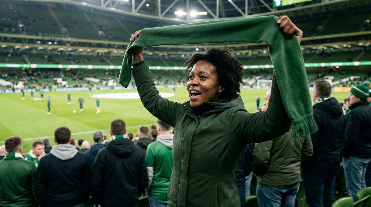 An adult football supporter celebrates in the stadium stands with the pitch behind her.