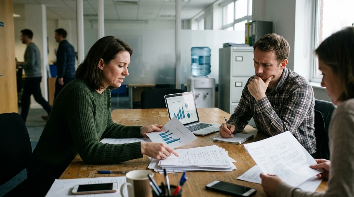 Professionals discuss gambling advertising regulations around a British office table.