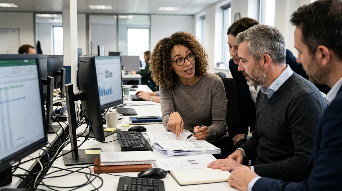 Compliance staff review supplier contracts in a British sports data operations room.