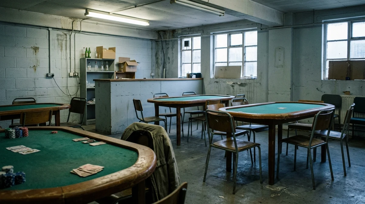 An empty industrial room with poker tables illustrating the unlicensed Cardiff gambling operation described by the Gambling Commission.