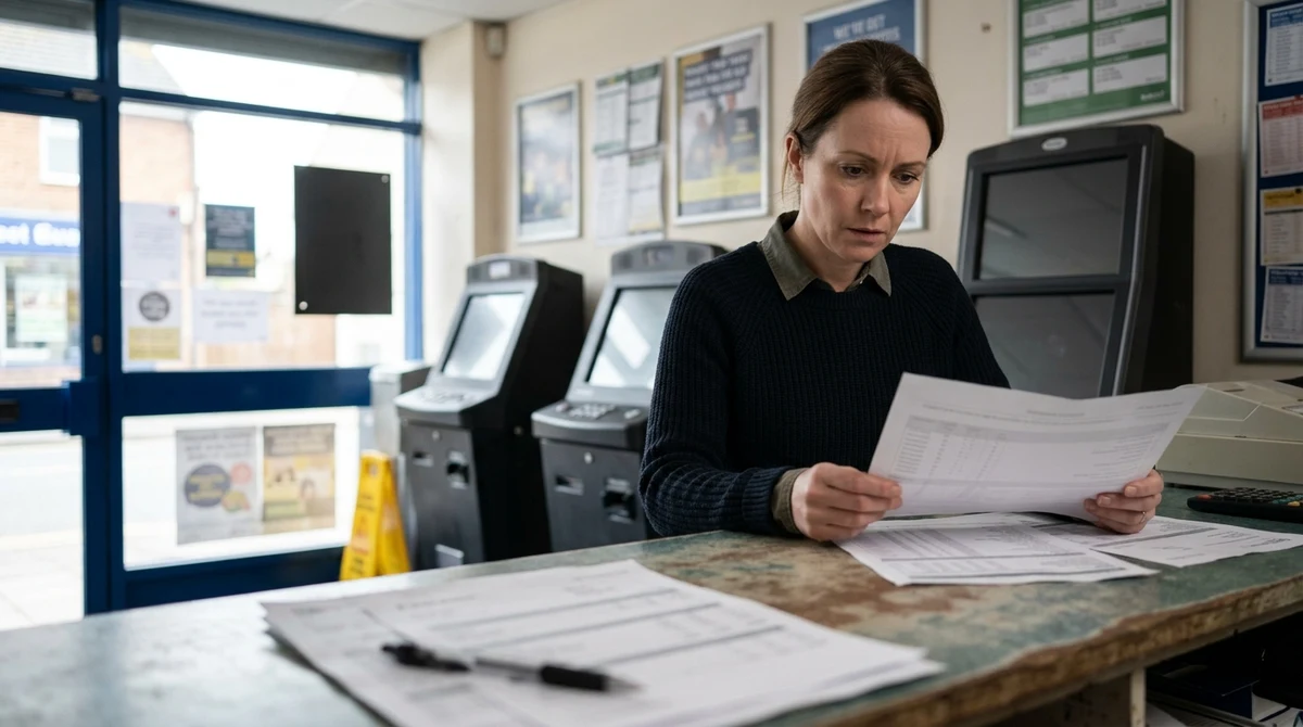 An adult betting-shop worker reviews financial papers beside gaming machines in a British high-street shop.