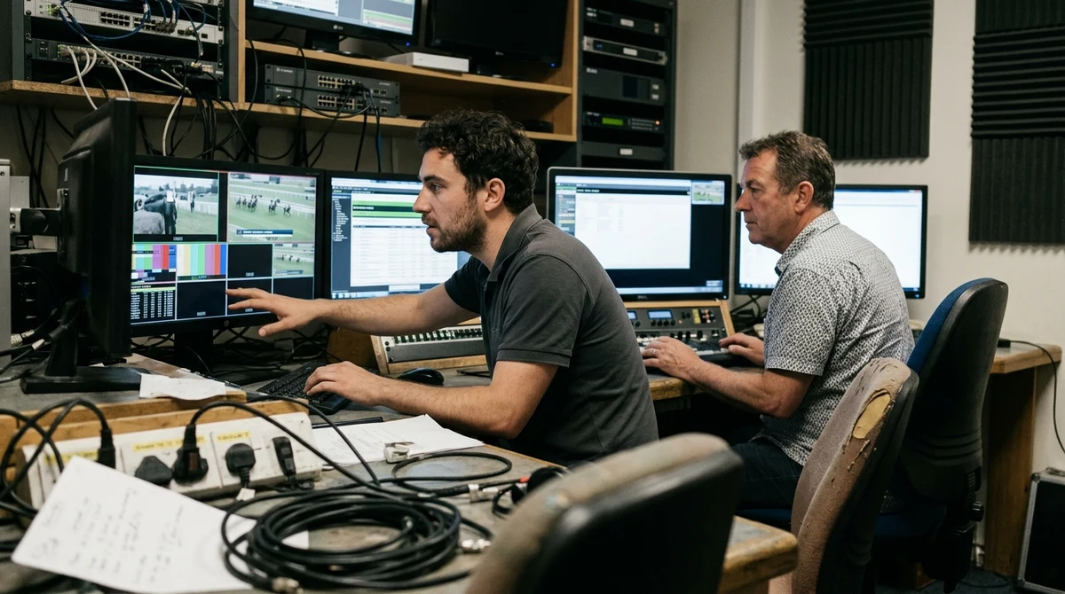 Adult technicians monitor horse-racing broadcast and data systems in a British control room.