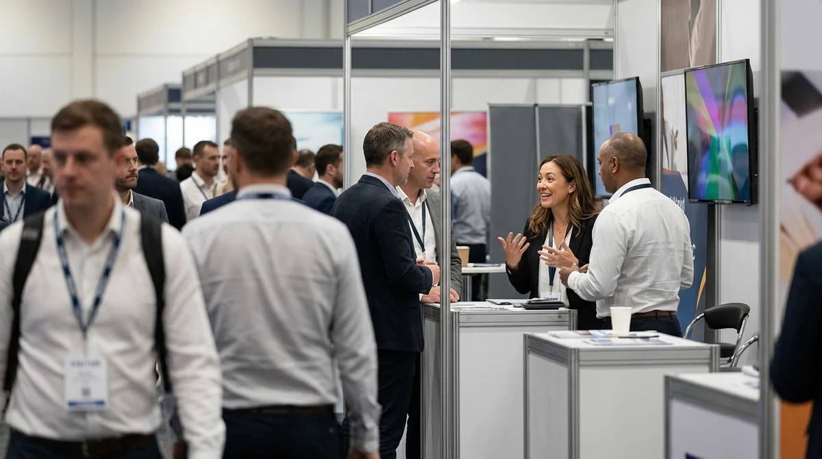 Adult business professionals networking inside a crowded trade exhibition hall.