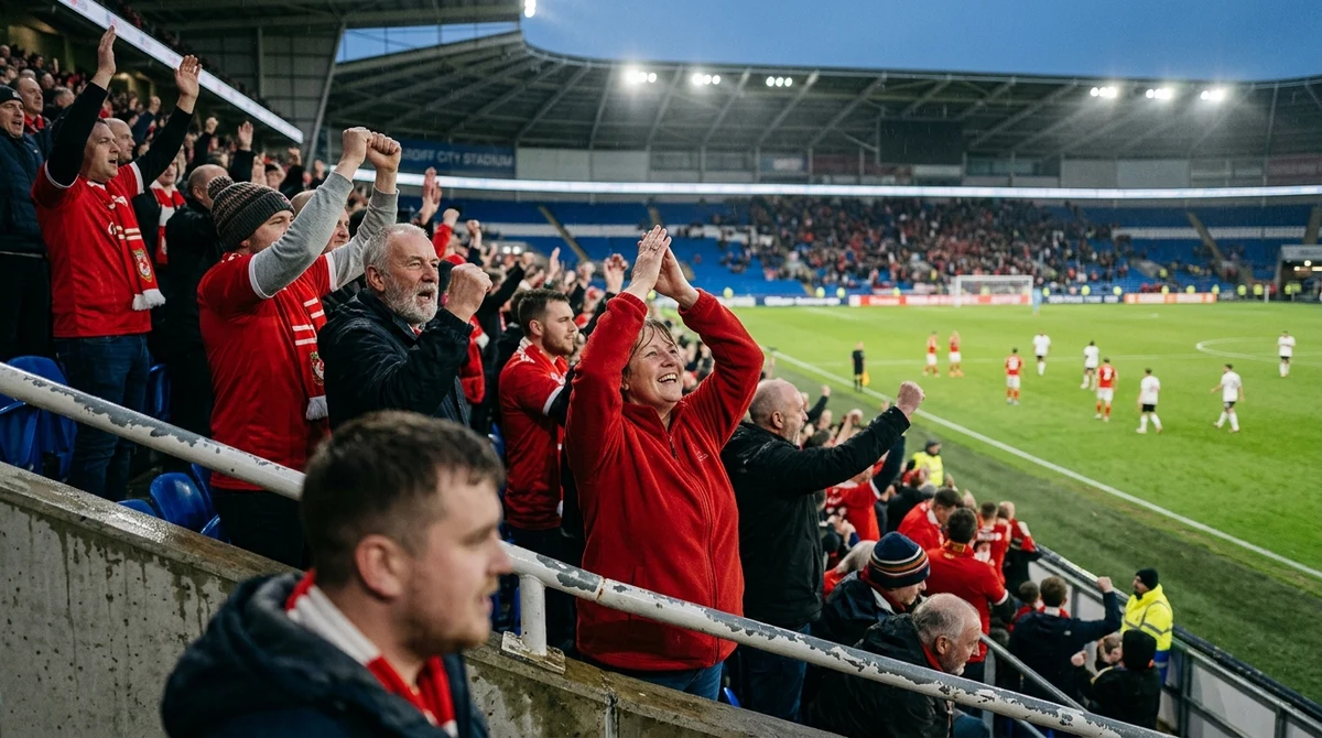 Welsh supporters celebrate during an international football match at Cardiff City Stadium