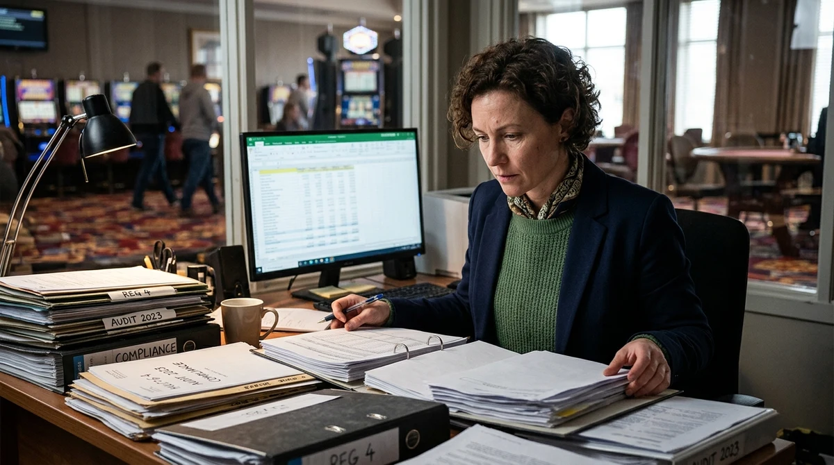 Adult compliance officer reviewing gambling risk records in a British casino office