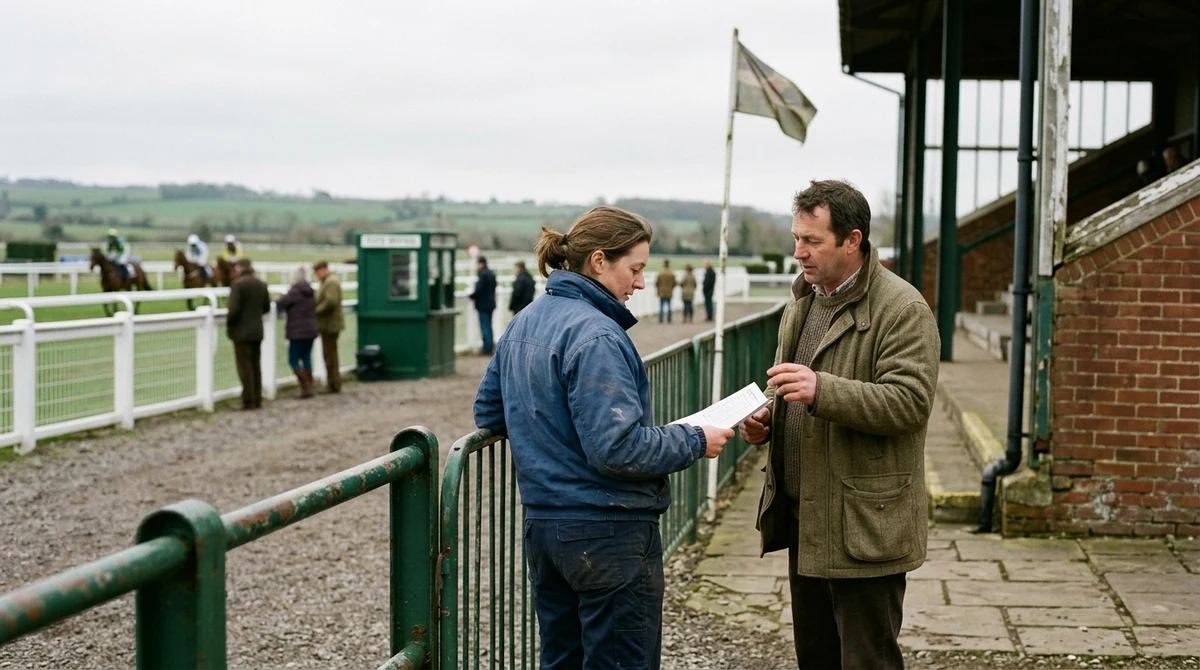 Racecourse staff review sponsor displays beside a British horse-racing grandstand.