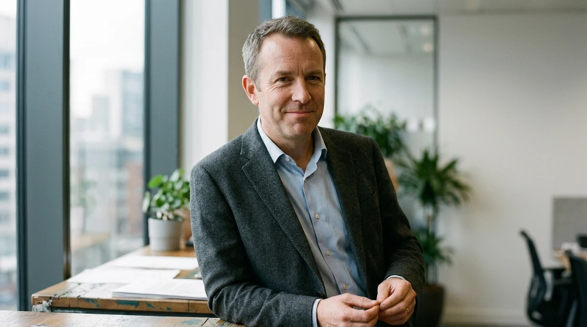 Editorial illustration of Neil Banbury, managing director of Sky Betting and Gaming, in a neutral corporate setting.