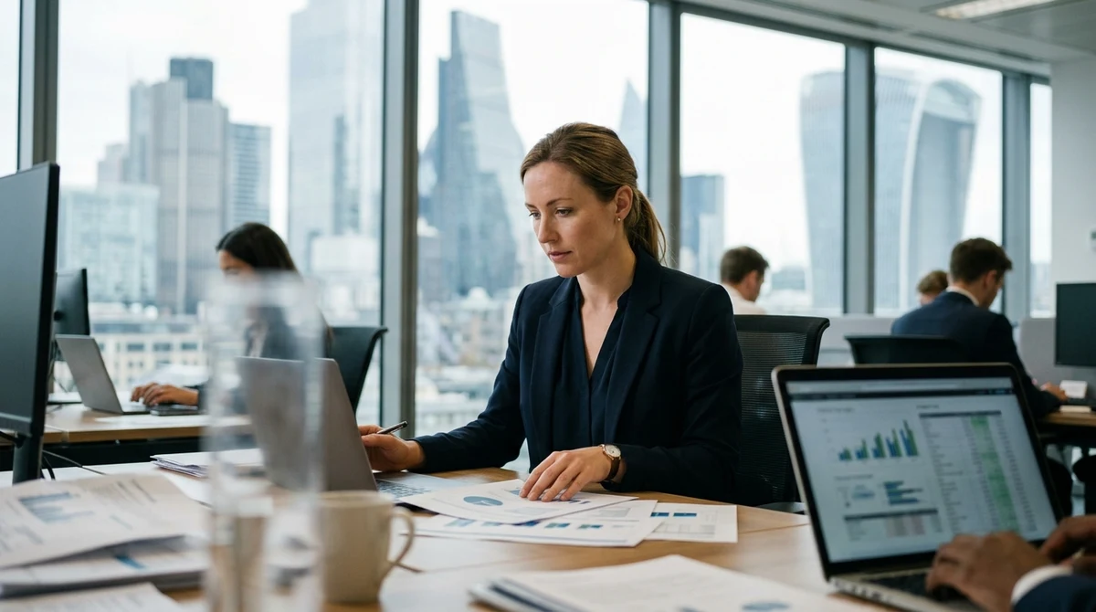 An adult financial analyst reviews market charts in a London office.