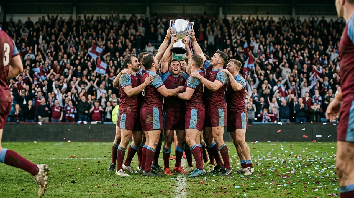 Rugby league players in claret and blue celebrate a final victory as supporters fill the stadium.